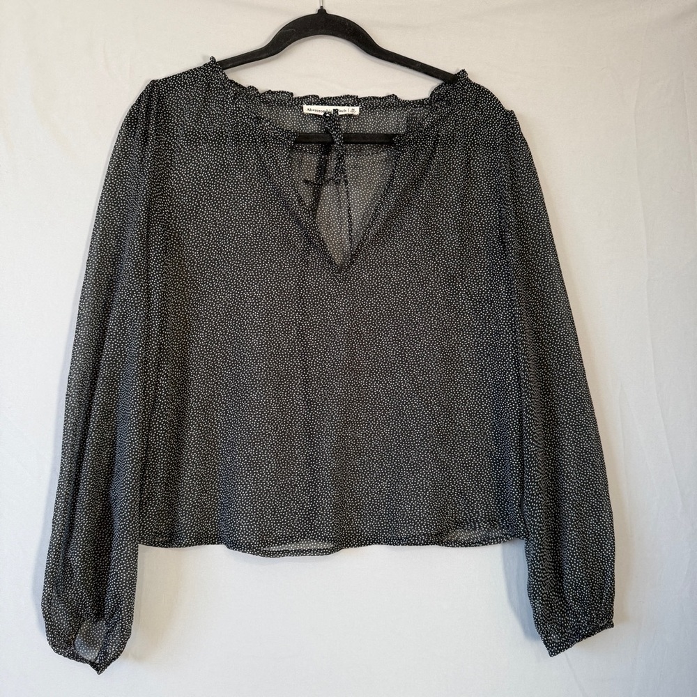 Abercrombie & Fitch Womens Sheer Polka Dot Blouse M Black Ruffles Boho Fairy